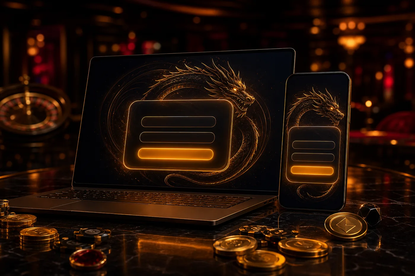 Přihlašovací obrazovka Dragonia Casino na notebooku a telefonu